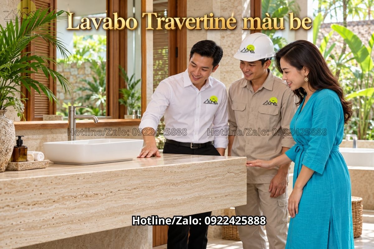 Bàn đá lavabo Travertine màu be cho phòng tắm phong cách resort