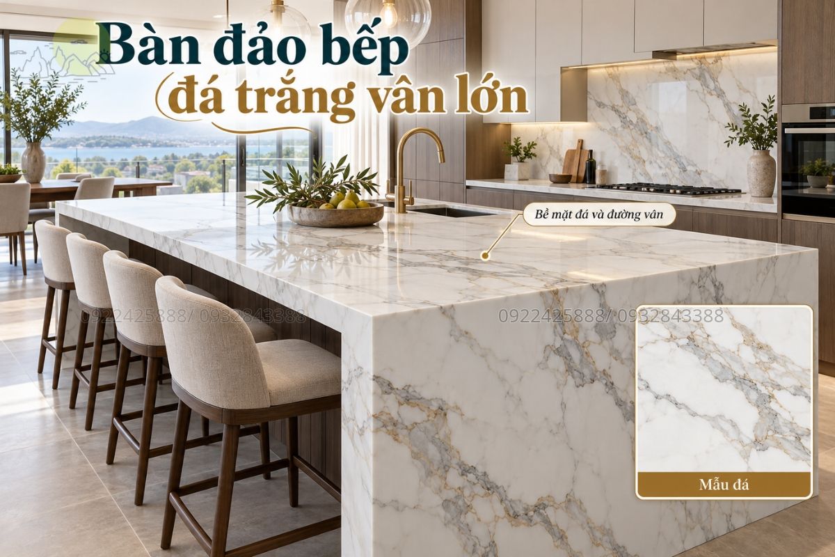 Bàn đảo bếp đá trắng vân lớn