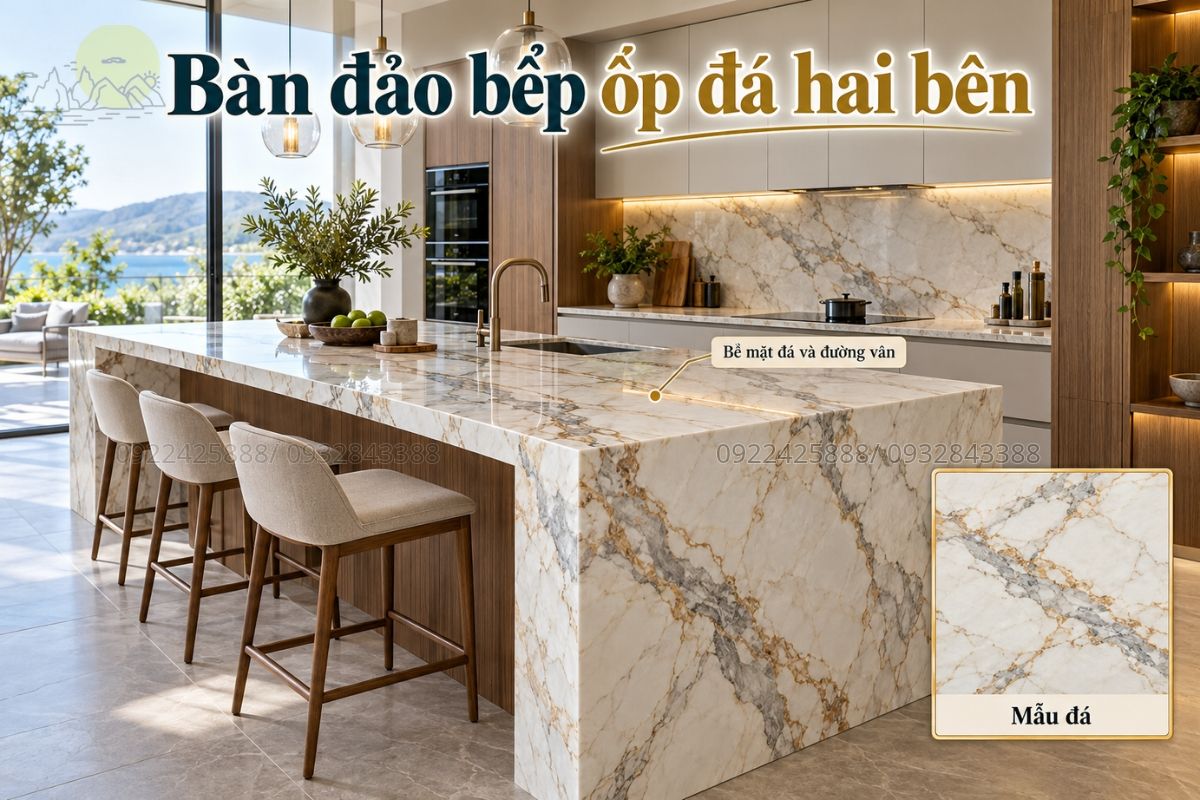 Bàn đảo bếp ốp đá hai bên