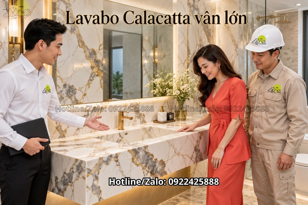 Bàn lavabo đá Calacatta vân lớn sang trọng trong phòng tắm