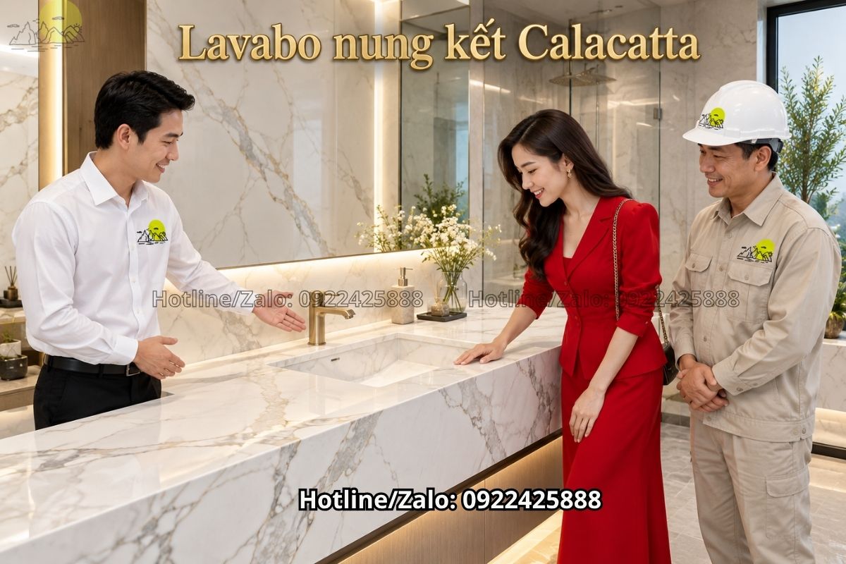 Bàn lavabo đá nung kết Calacatta khổ lớn ít đường nối