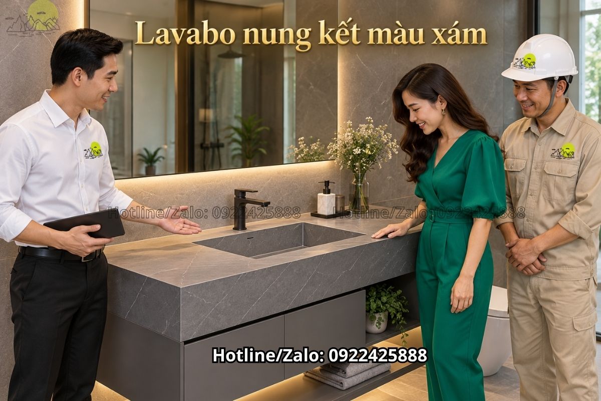 Bàn lavabo đá nung kết màu xám phong cách hiện đại