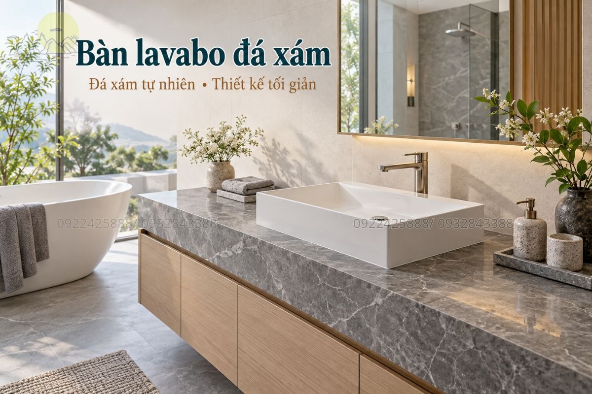 Bàn lavabo đá xám thiết kế hiện đại tối giản
