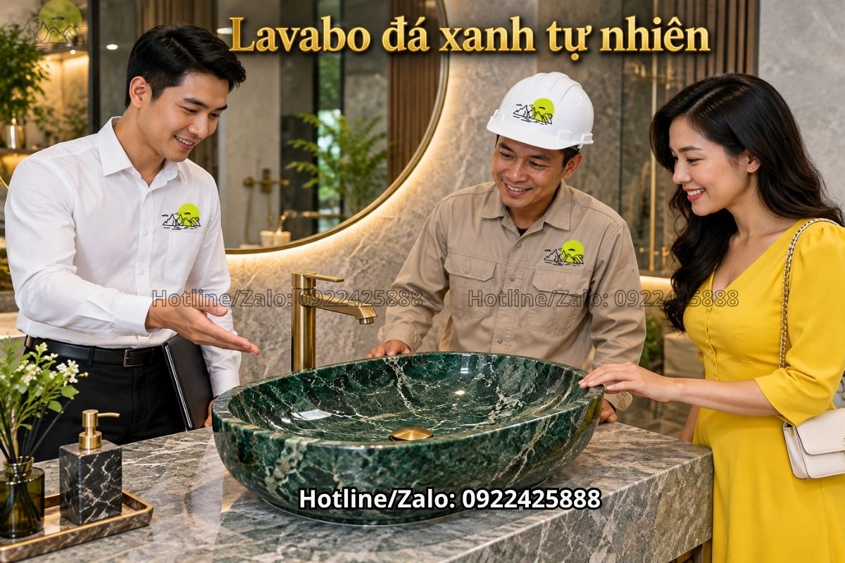 Bàn lavabo đá xanh tự nhiên tạo điểm nhấn cho phòng tắm