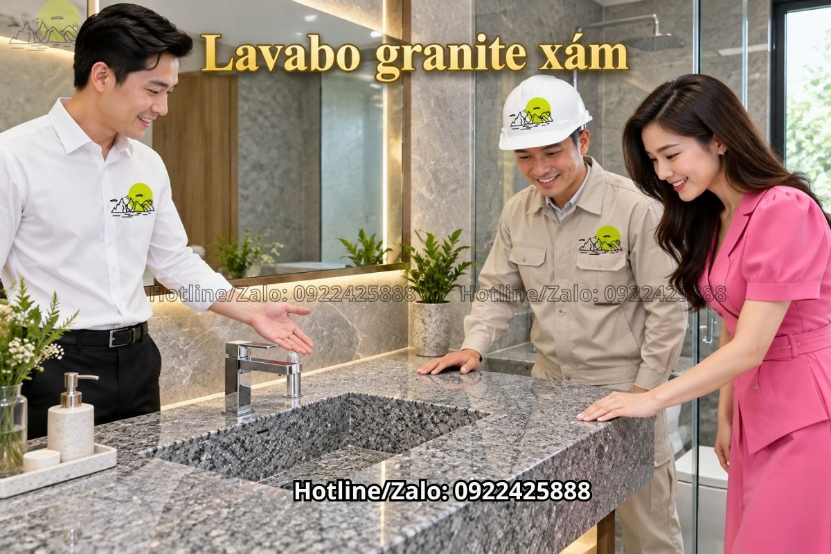 Bàn lavabo granite xám trung tính cho phòng tắm hiện đại