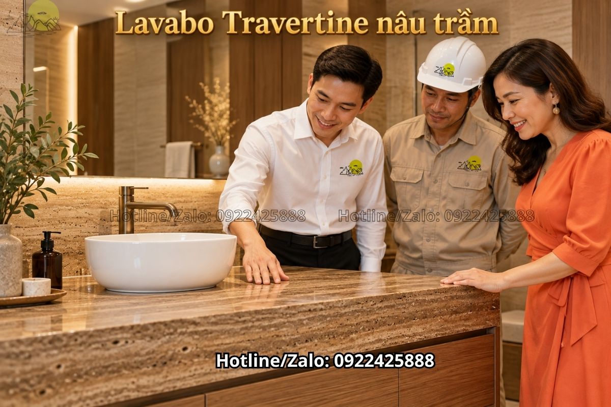 Mẫu bàn lavabo Travertine nâu trầm ấm cho phòng tắm