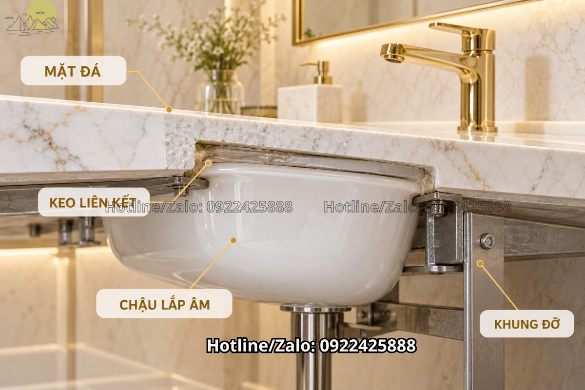 Cấu tạo bàn đá lavabo âm lắp chậu phía dưới mặt đá