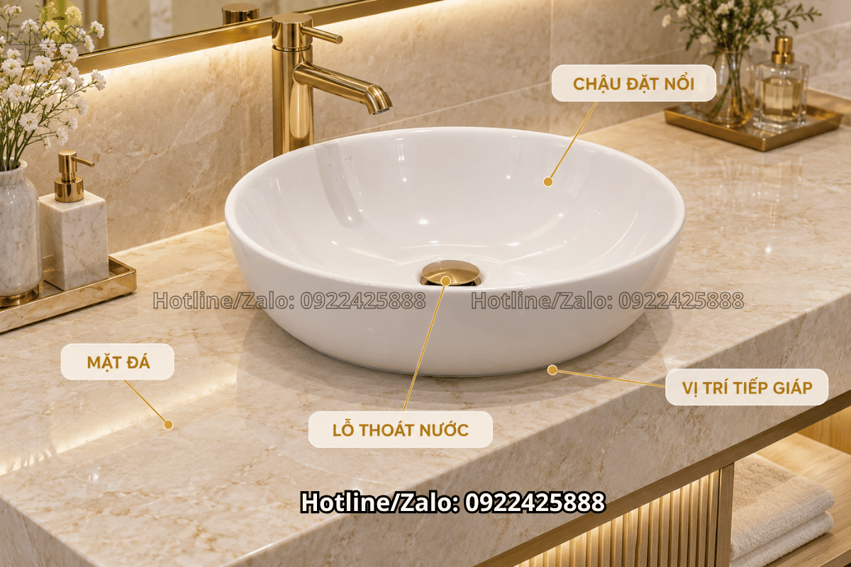 Cấu tạo bàn đá lavabo dương đặt nổi trên mặt bàn