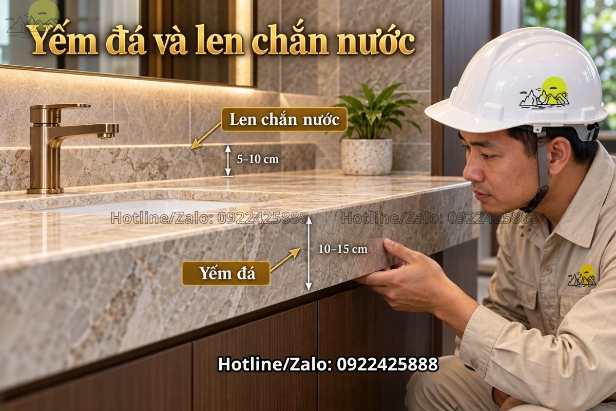 Chi tiết yếm đá và len chắn nước bàn lavabo