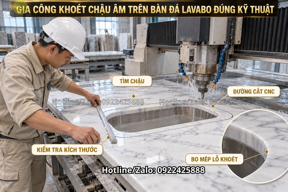 Kiểm tra tấm đá trước khi gia công bàn lavabo