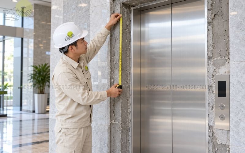 Kỹ thuật viên khảo sát vị trí thi công đá ốp cửa thang máy