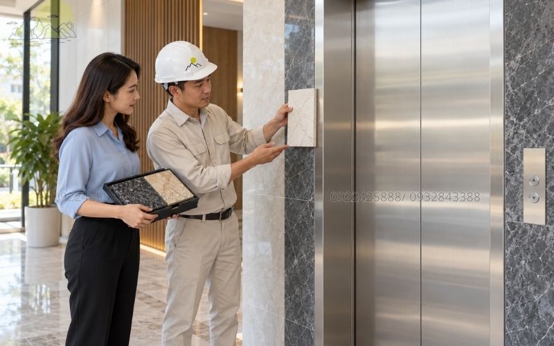 Tư vấn phối màu đá ốp thang máy với cửa inox