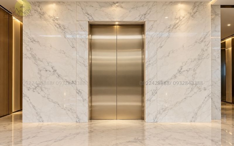 Đá marble vân mây ốp mặt tiền thang máy sang trọng
