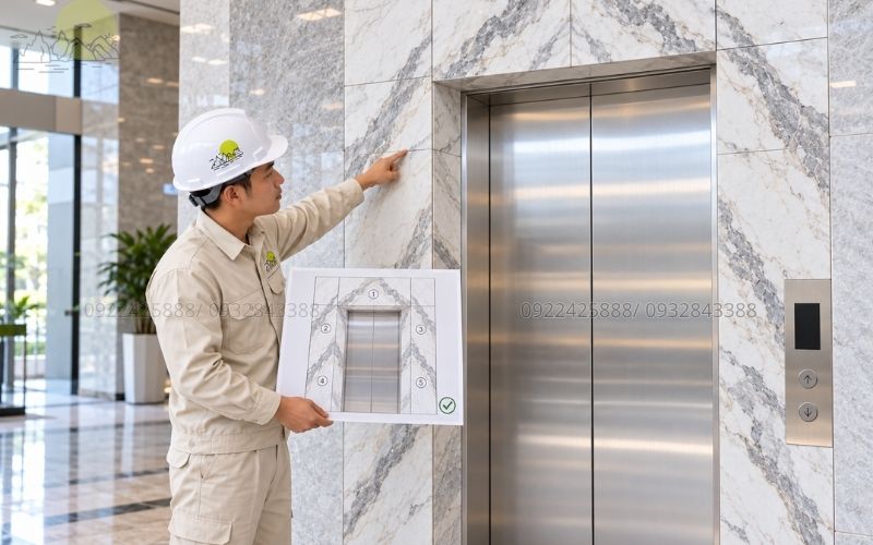 Ghép vân đá ốp mặt tiền thang máy theo bản duyệt