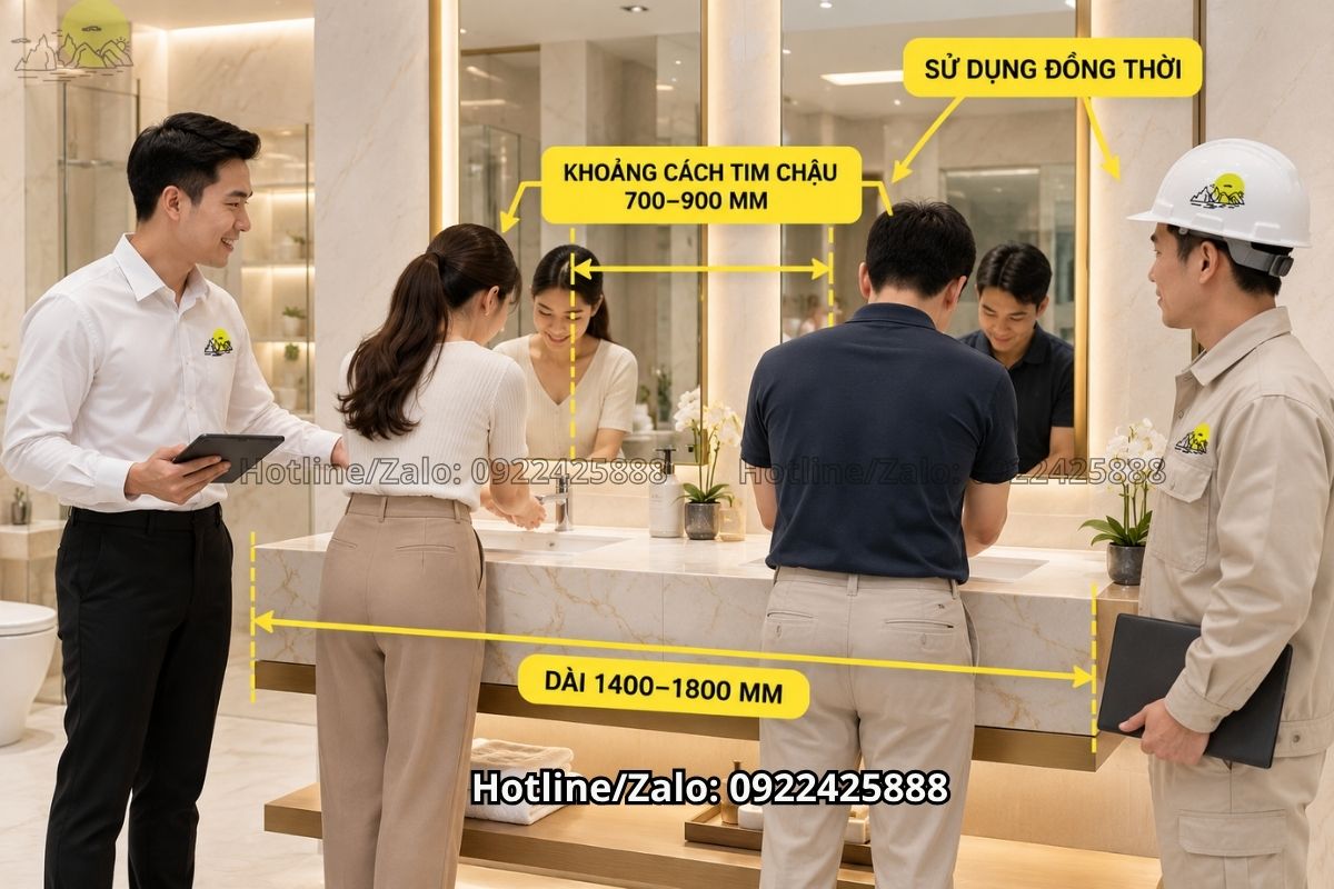 Kỹ thuật viên đo kích thước bàn đá lavabo tại công trình