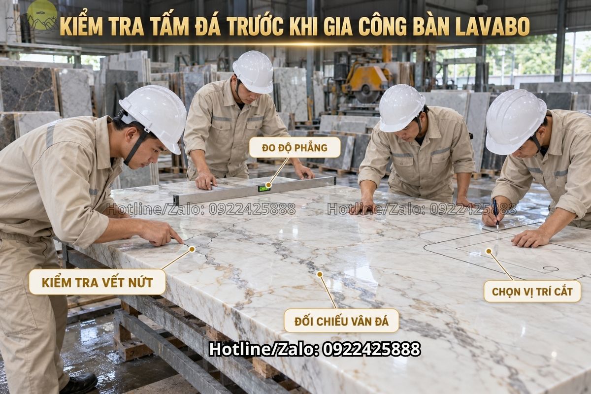Đo kích thước bàn đá lavabo bằng thước chuyên dụng