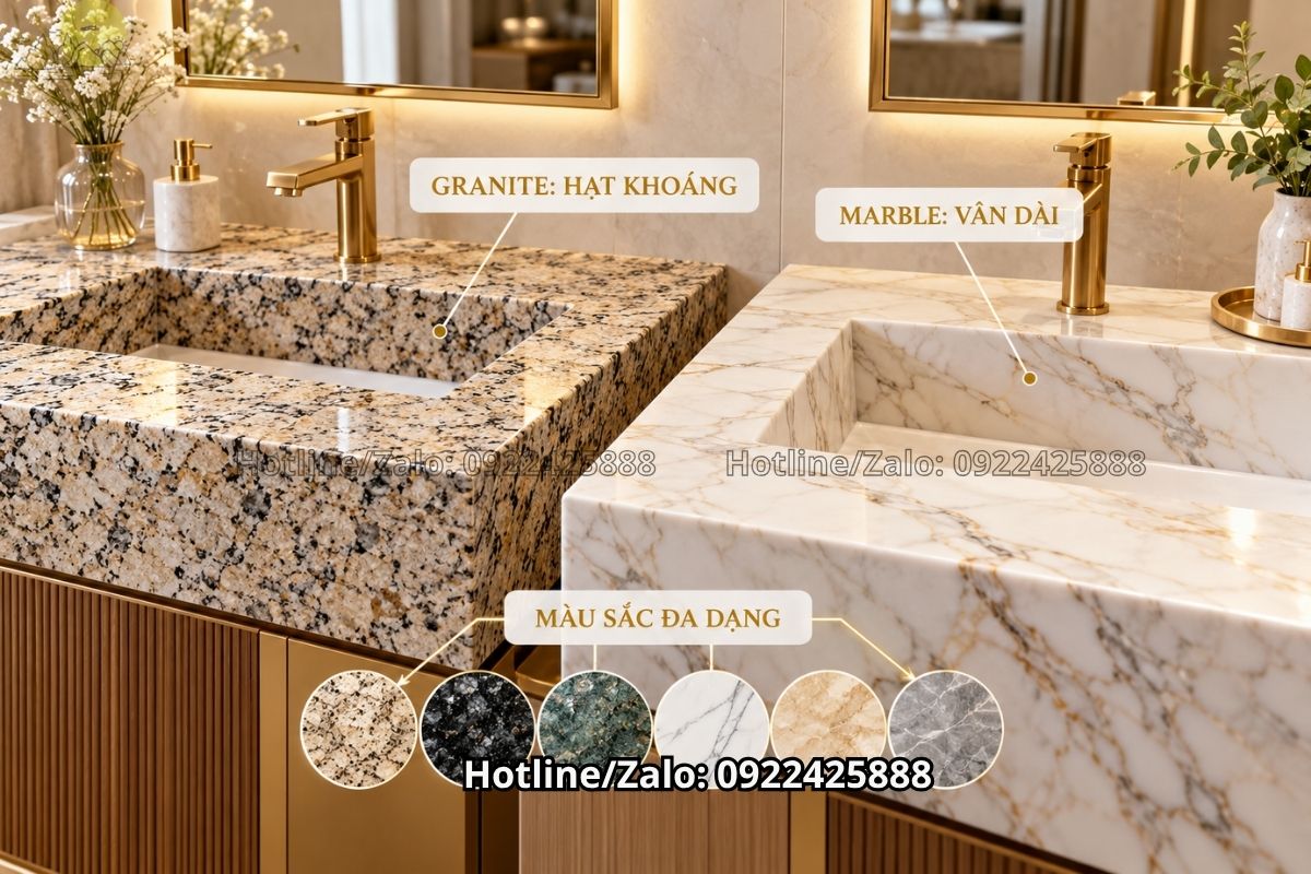 So sánh đường vân đá granite và marble làm bàn lavabo