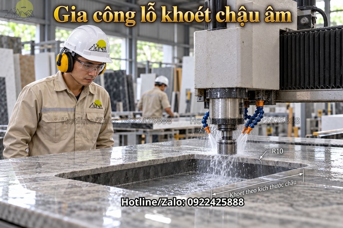 Gia công lỗ khoét chậu âm trên mặt bàn đá lavabo.