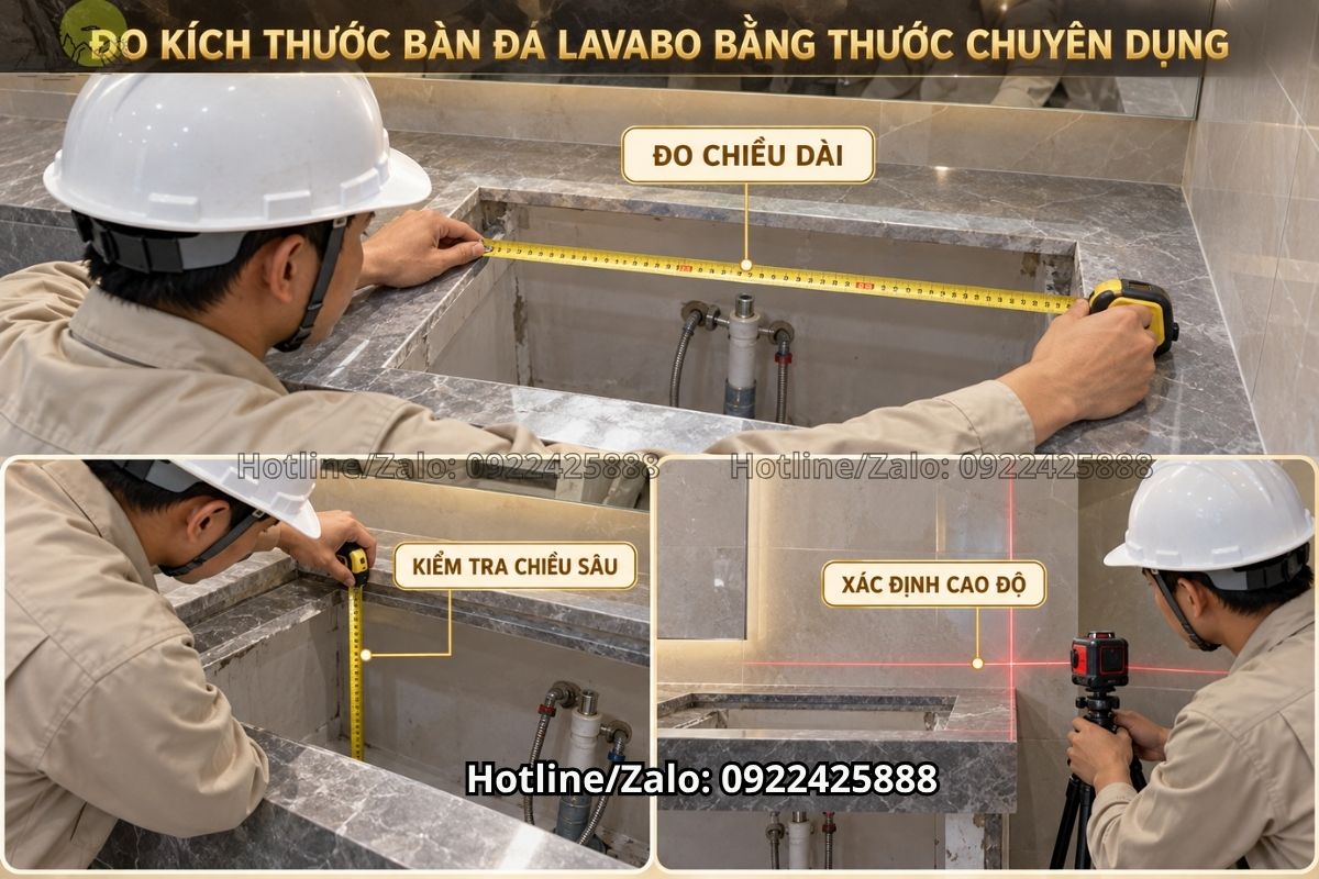Kỹ thuật viên khảo sát vị trí thi công bàn đá lavabo