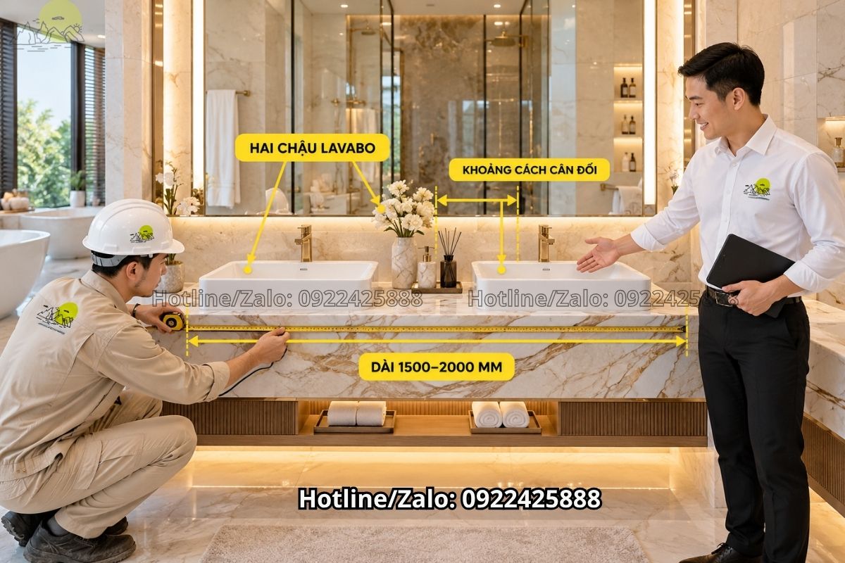 Kích thước bàn đá lavabo đôi cho hai người sử dụng