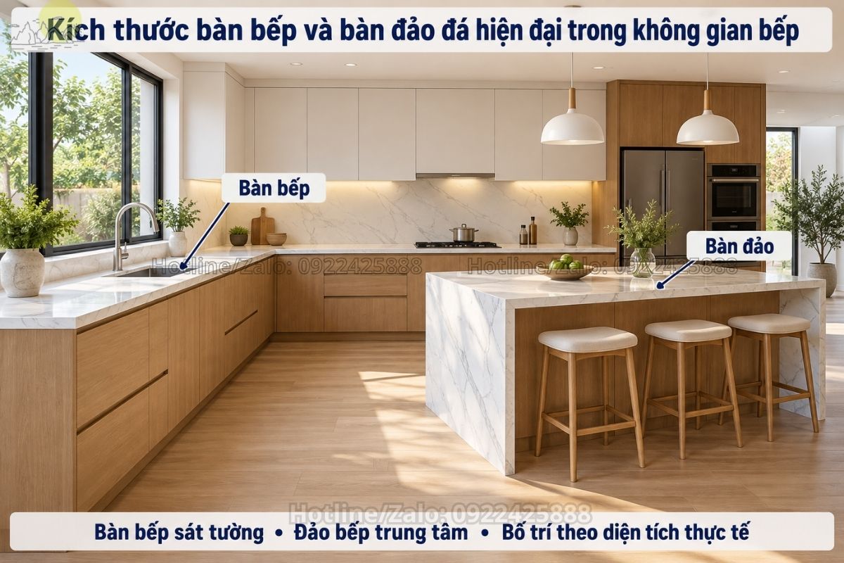 Kích thước bàn bếp và bàn đảo đá hiện đại trong không gian bếp