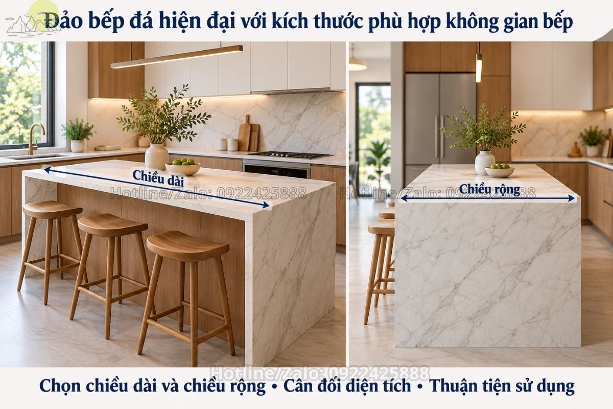 Minh họa kích thước chiều cao chiều sâu bàn bếp và bàn đảo