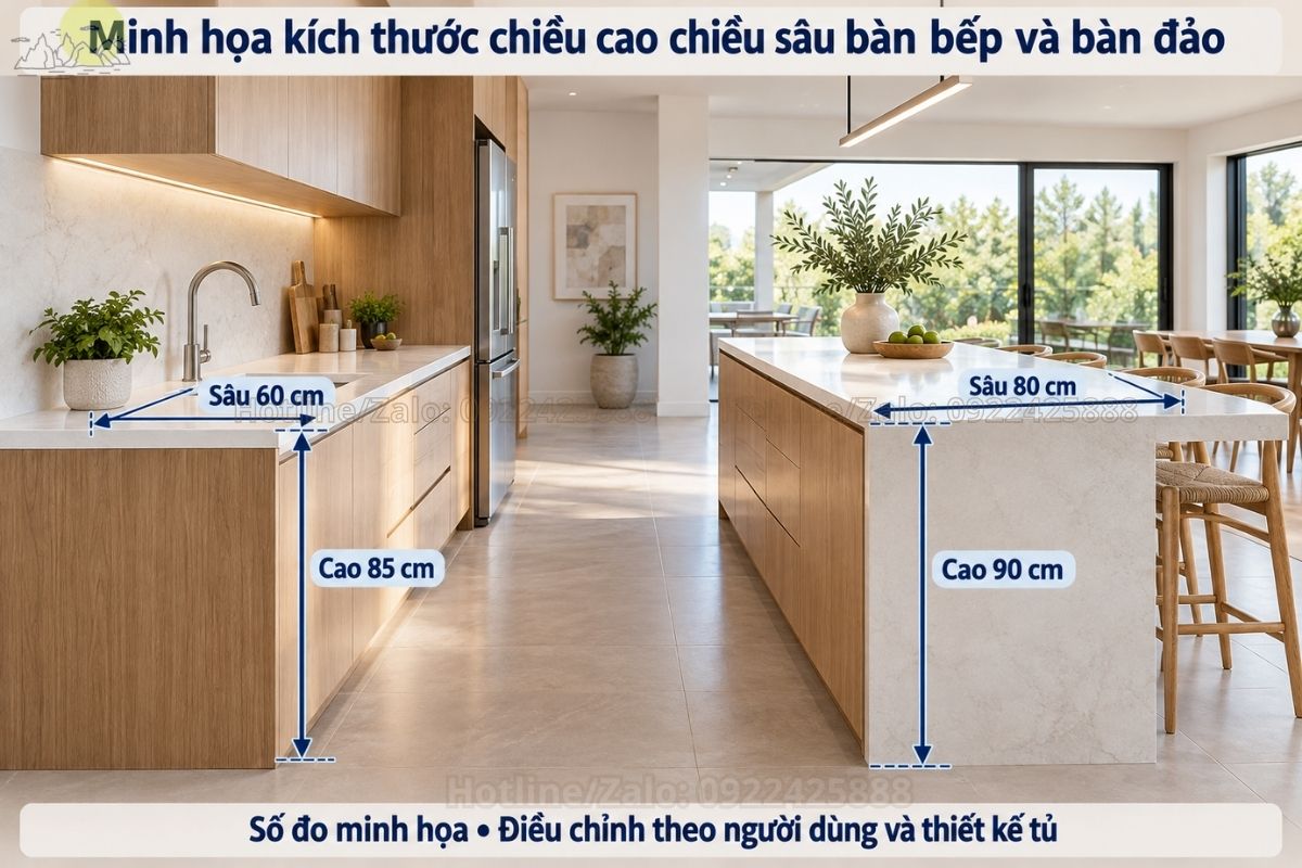 kích thước chiều cao chiều sâu bàn bếp và bàn đảo
