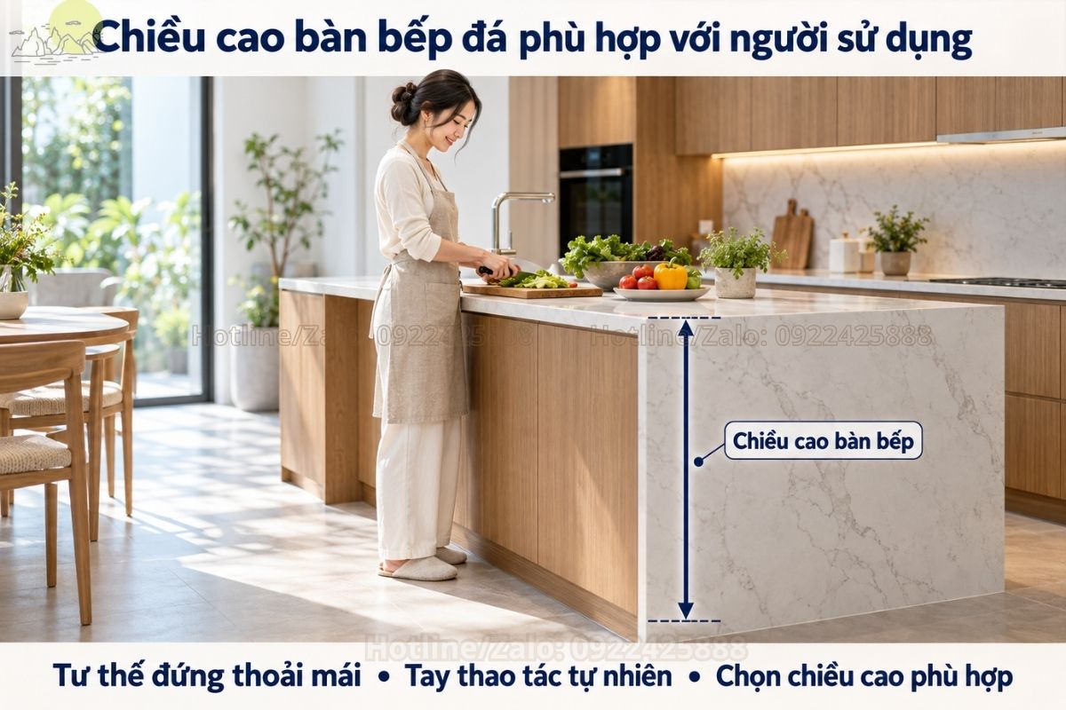 Chiều cao bàn bếp đá phù hợp với người sử dụng