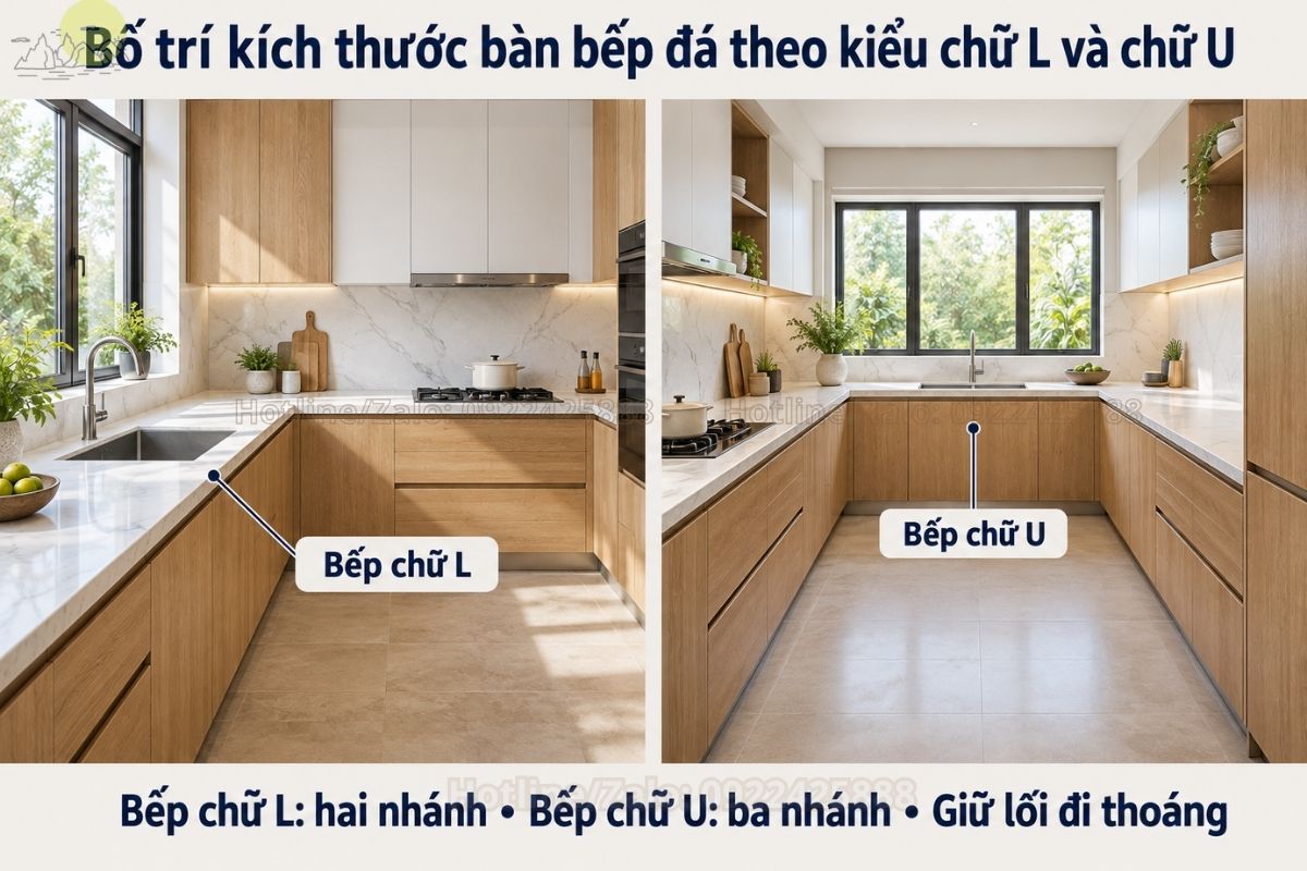 Bố trí kích thước bàn bếp đá theo kiểu chữ L và chữ U
