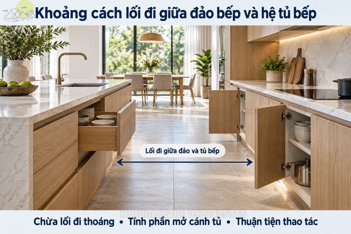 Khoảng cách lối đi giữa đảo bếp và hệ tủ bếp