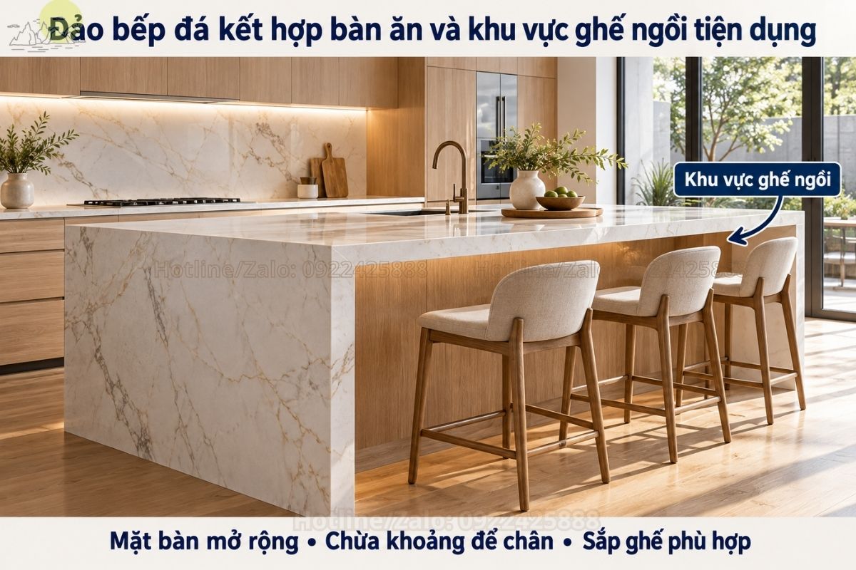 Đảo bếp đá kết hợp bàn ăn và khu vực ghế ngồi tiện dụng