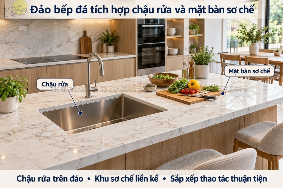 Đảo bếp đá tích hợp chậu rửa và mặt bàn sơ chế