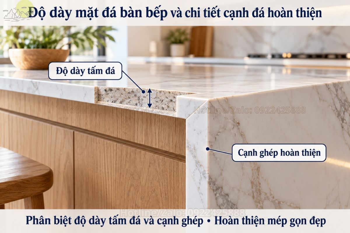 Độ dày mặt đá bàn bếp và chi tiết cạnh đá hoàn thiện