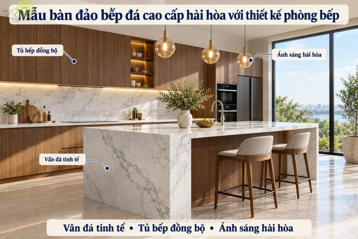 Mẫu bàn đảo bếp đá cao cấp hài hòa với thiết kế phòng bếp