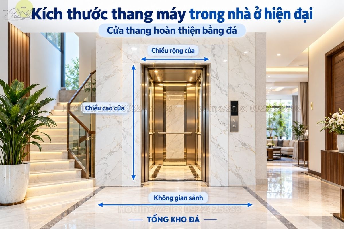 Kích thước thang máy trong nhà ở hiện đại với cửa thang hoàn thiện bằng đá
