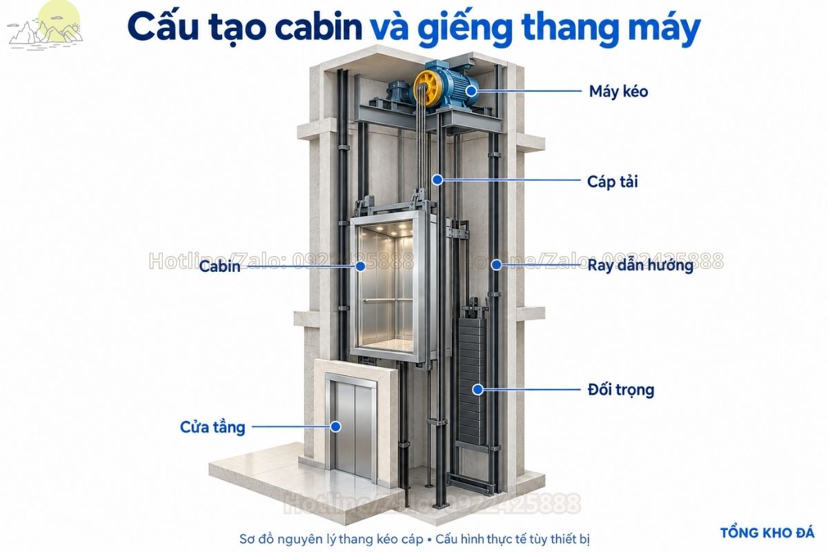 Cấu tạo cabin và giếng thang với các bộ phận kỹ thuật bên trong