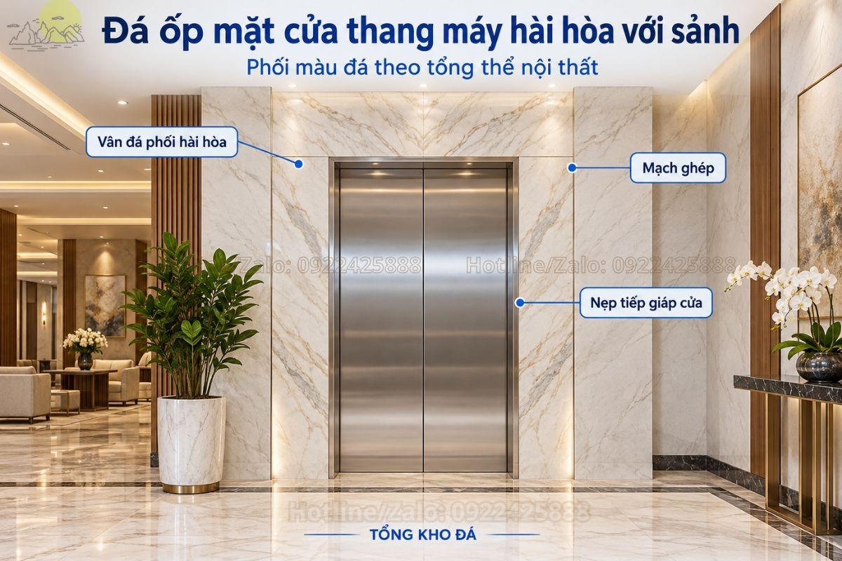 Mẫu đá ốp mặt cửa thang máy với đường vân hài hòa không gian sảnh