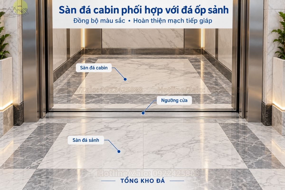 Sàn đá cabin thang máy phối hợp với đá ốp sảnh bên ngoài