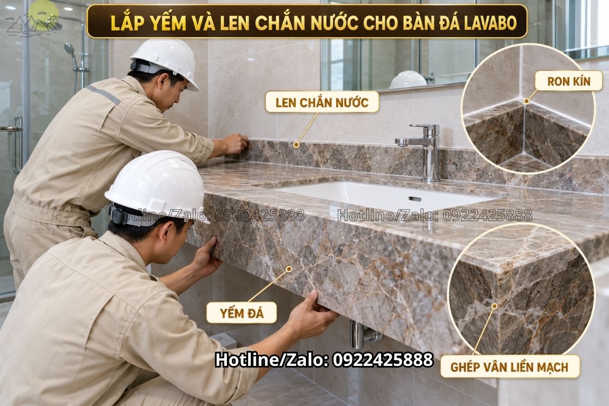 Lắp đặt chậu âm dưới bàn đá lavabo bằng hệ đỡ chắc chắn