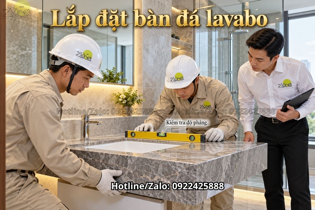 Lắp đặt và kiểm tra độ phẳng mặt bàn đá lavabo