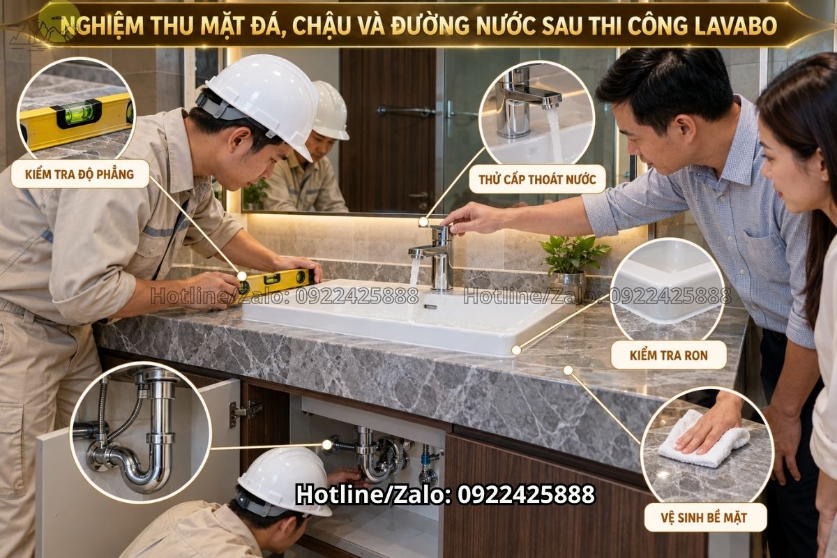 Lắp yếm và len chắn nước cho bàn đá lavabo