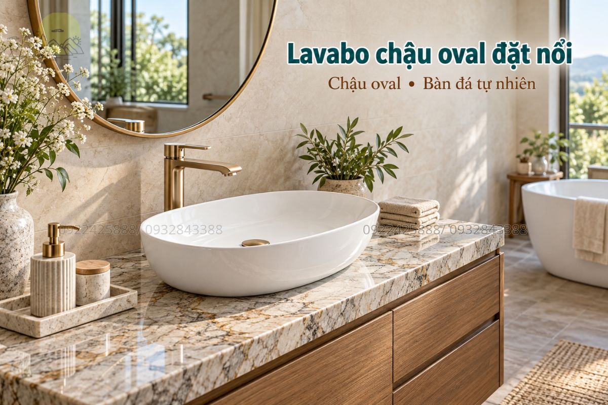 Lavabo chậu oval đặt nổi trên bàn đá tự nhiên