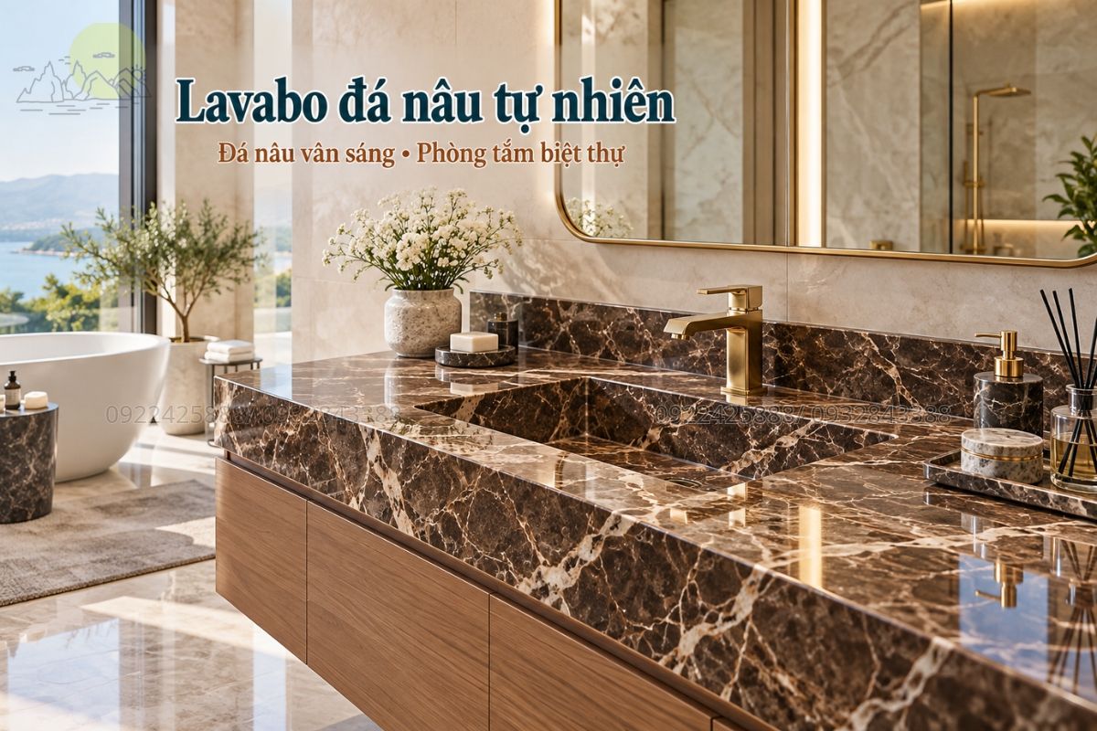 Lavabo đá nâu tự nhiên trong phòng tắm biệt thự
