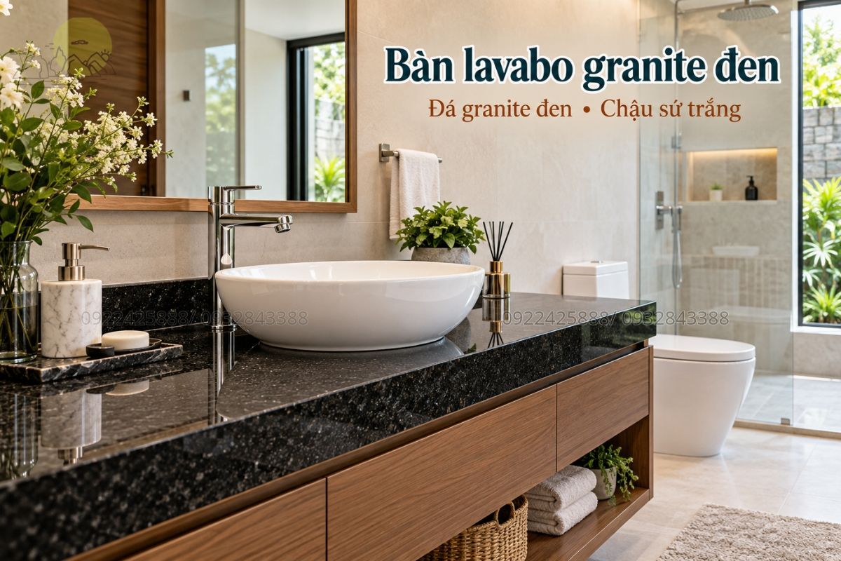 Bàn lavabo granite đen kết hợp chậu sứ trắng