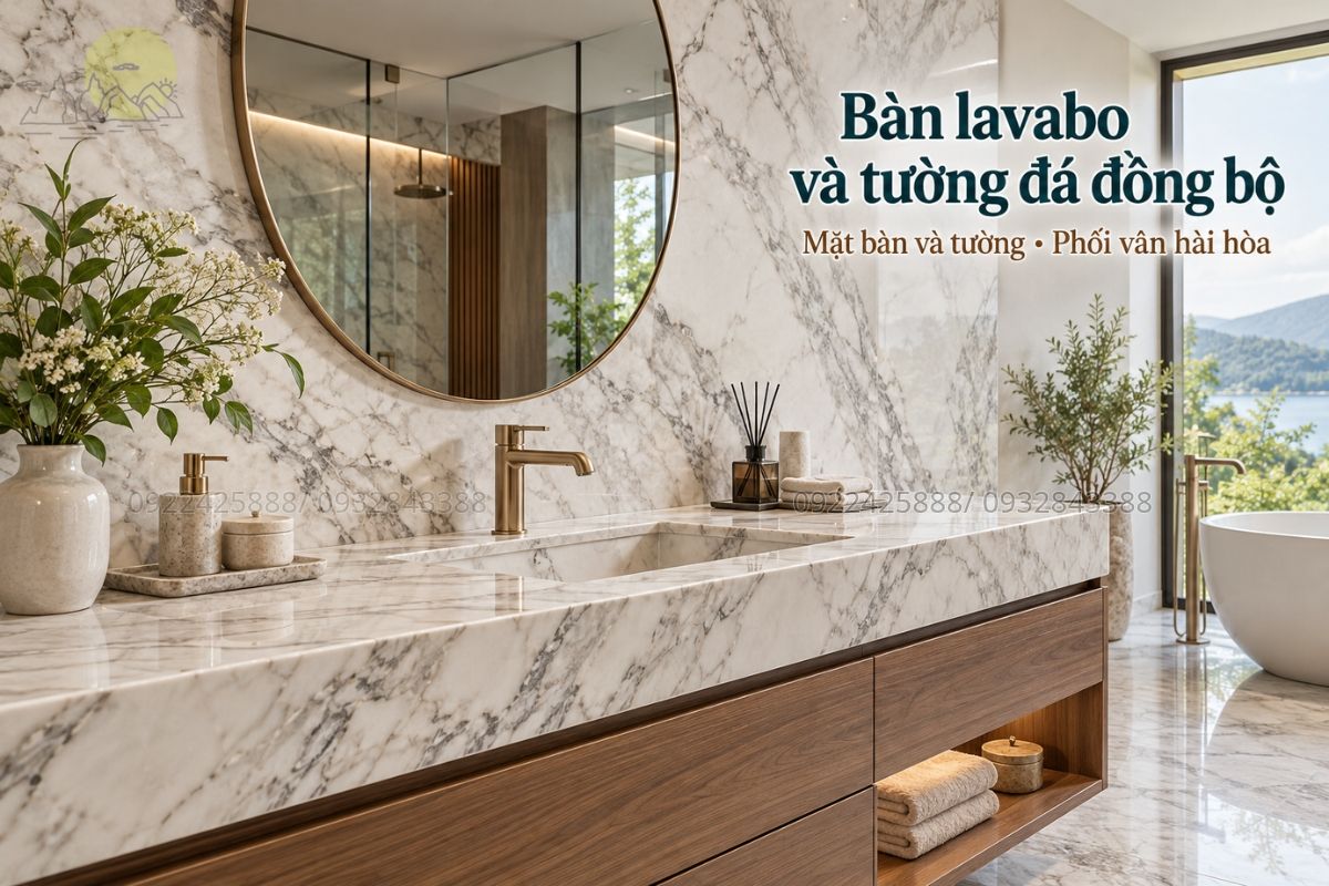 Bàn lavabo kết hợp đá ốp tường đồng bộ