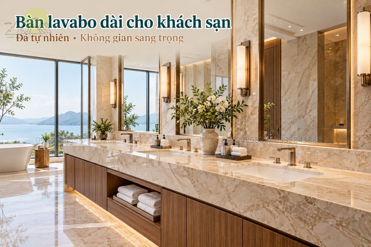 Bàn lavabo đá tự nhiên dài trong phòng tắm khách sạn