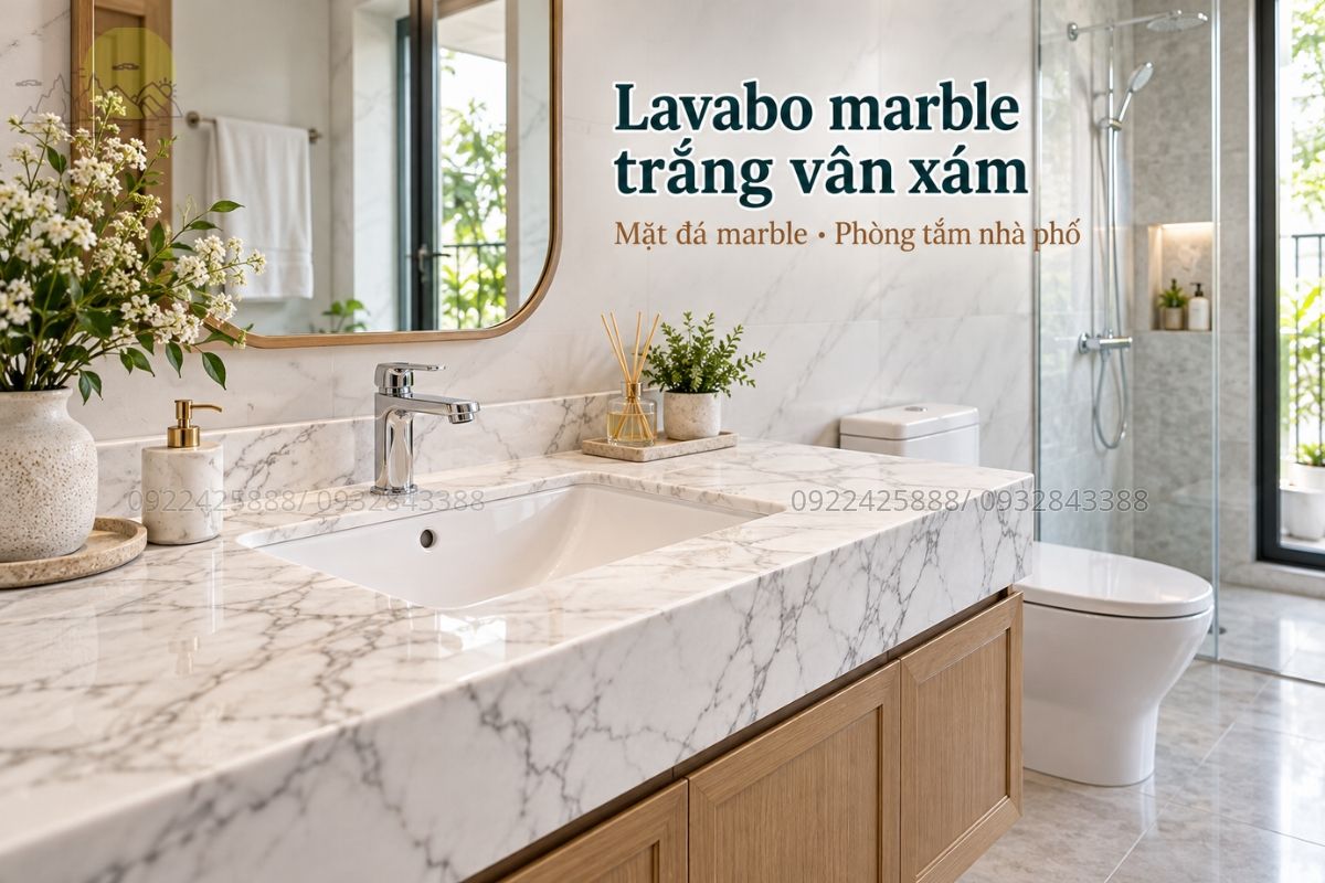 Lavabo marble trắng vân xám cho phòng tắm nhà phố