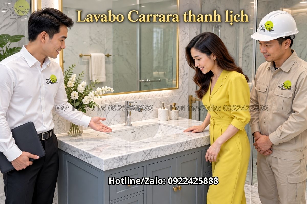 Mẫu bàn đá lavabo Carrara thanh lịch phối tủ màu xanh xám
