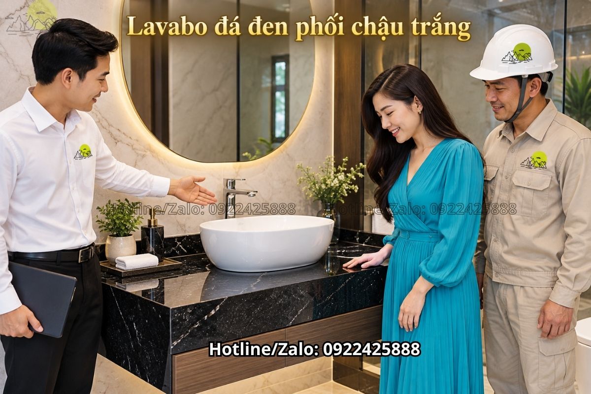 Mẫu bàn đá lavabo màu đen phối chậu trắng sang trọng