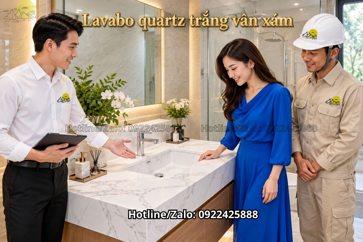 Mẫu bàn đá quartz trắng vân xám cho lavabo hiện đại